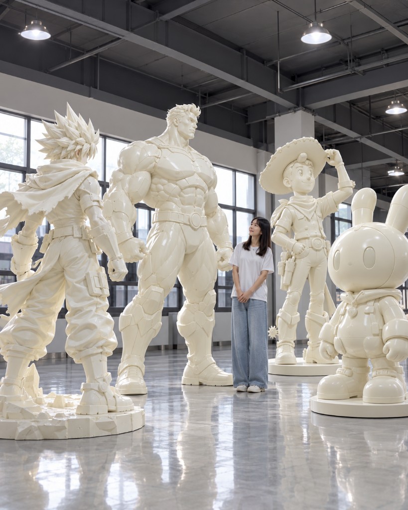 사람 키보다 큰 3D프린팅 캐릭터 조형물들과 관람객